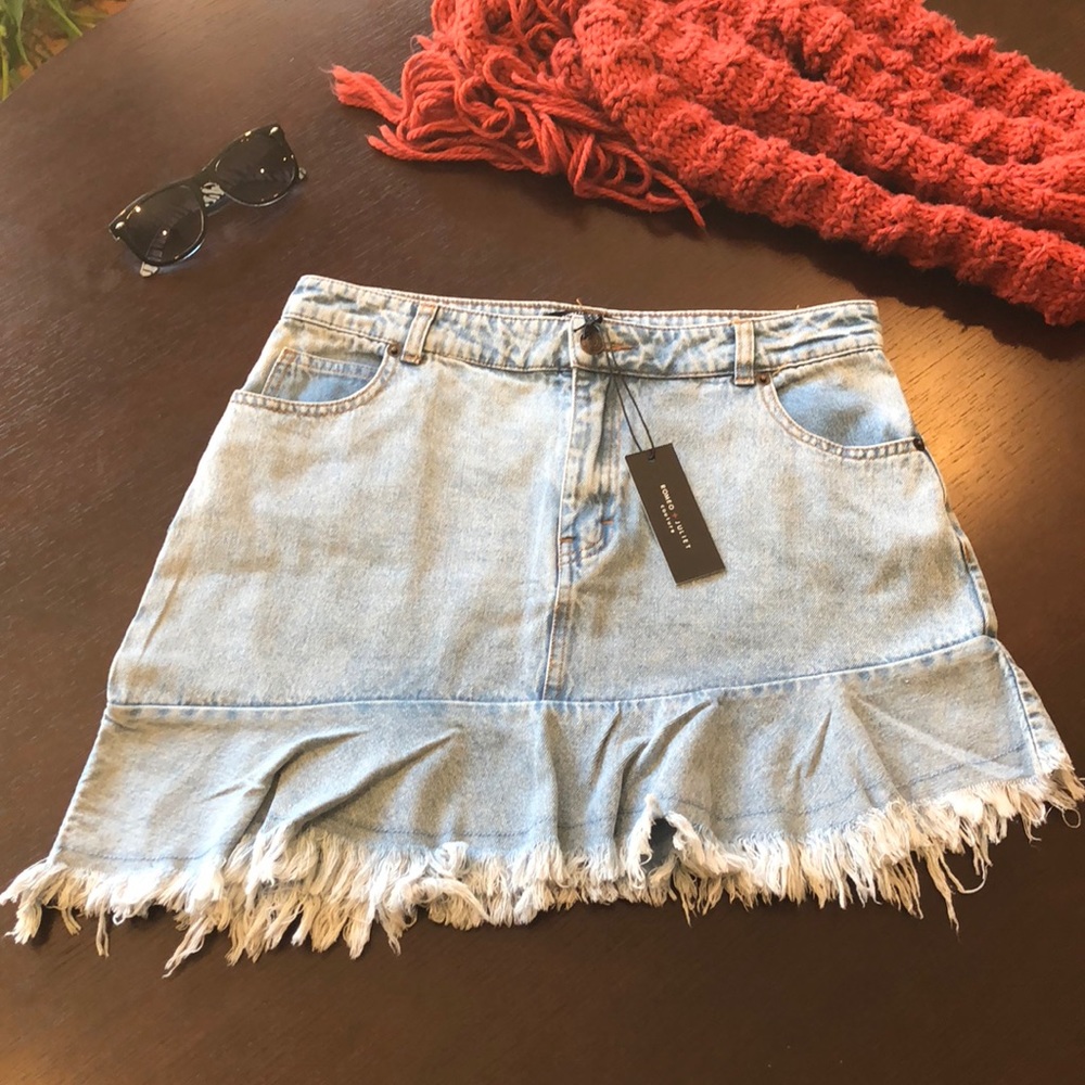Romeo & Juliet Couture Denim Slanted Fringe skirt